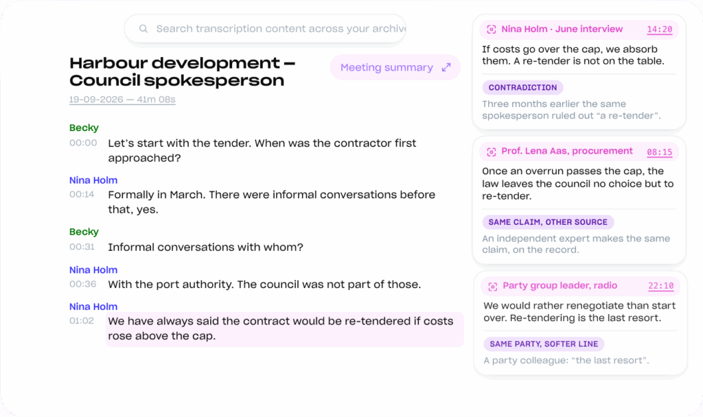 A Good Tape transcript, Harbour development with a council spokesperson, open beside Explore’s insights. The first card, labeled Contradiction, shows the same spokesperson three months earlier ruling out a re-tender.